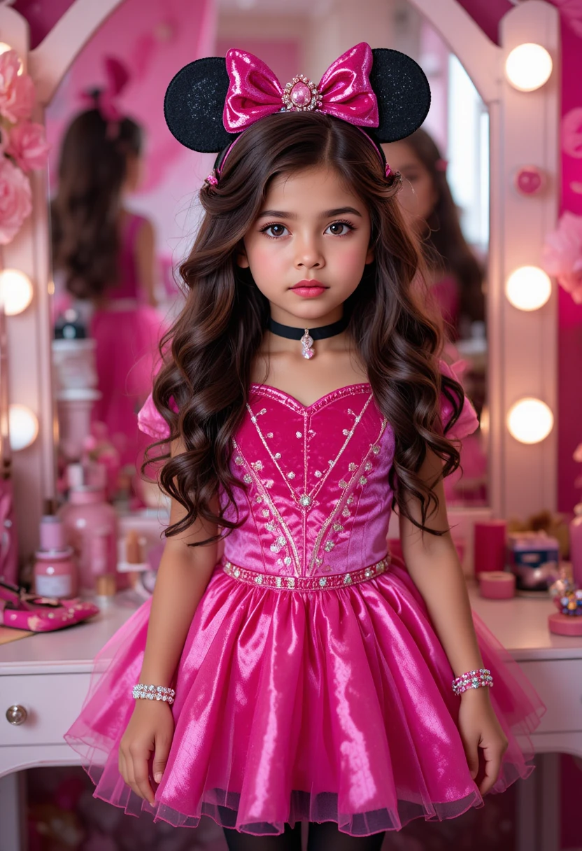 Um menino nervoso com fantasia de princesa da Minnie Mouse diante de uma penteadeira
