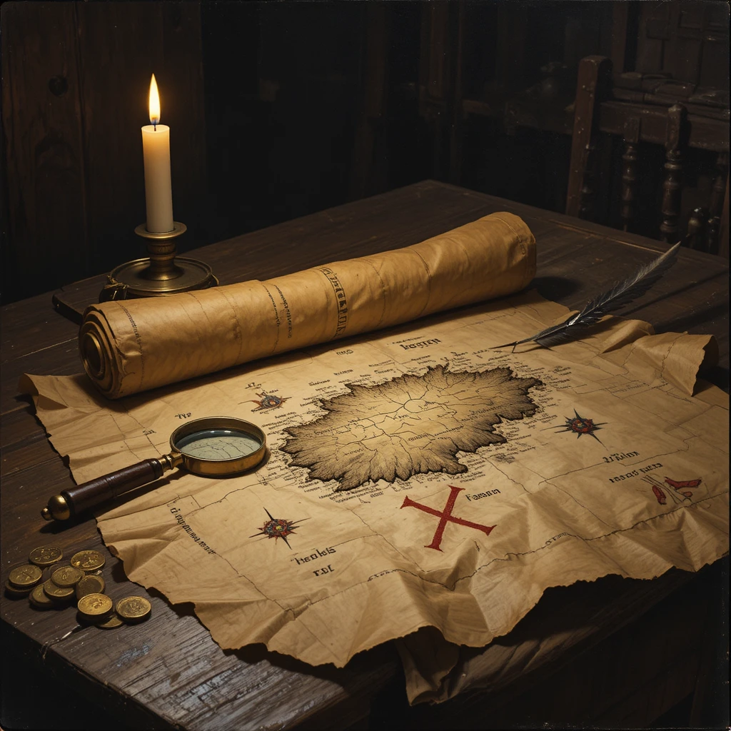 O escritório de um explorador, iluminado à luz de velas em torno de um antigo mapa do tesouro