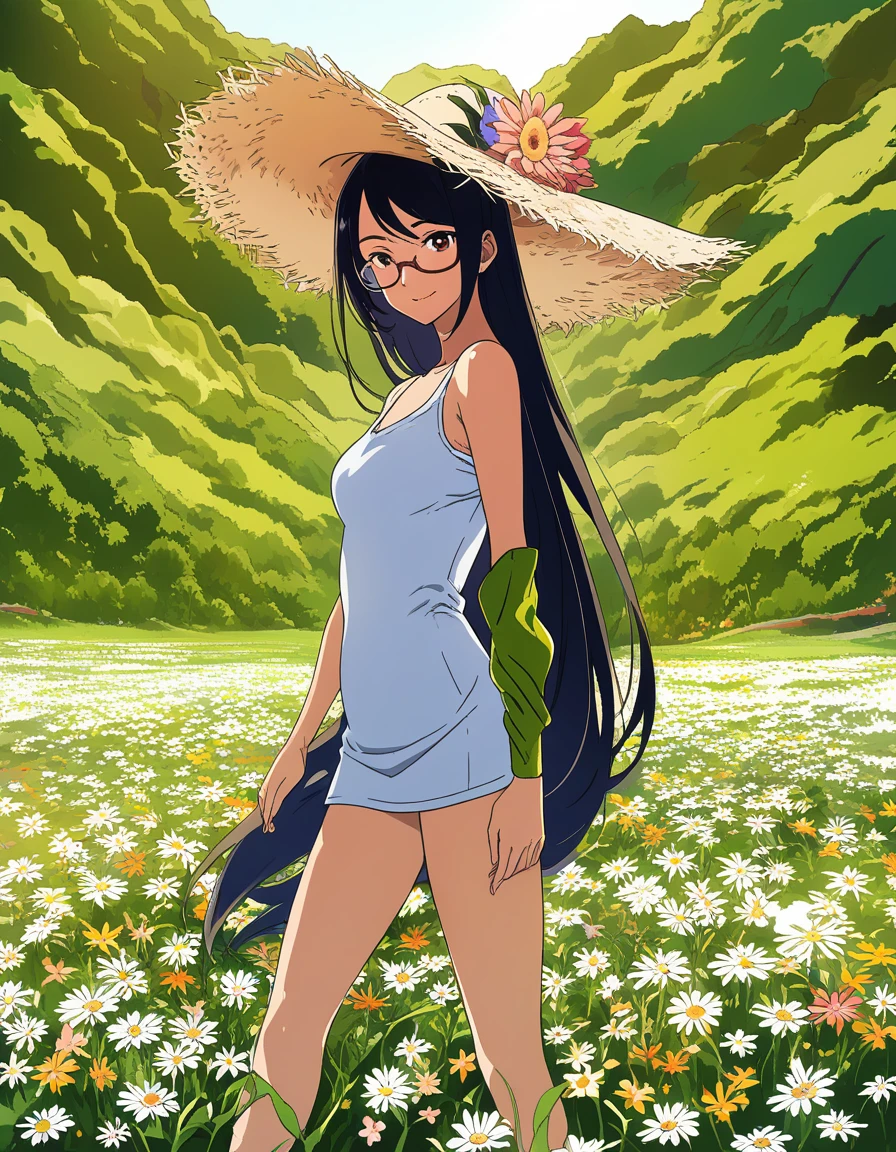 Femme de style anime dans un champ fleuri avec un chapeau de soleil orné de fleurs