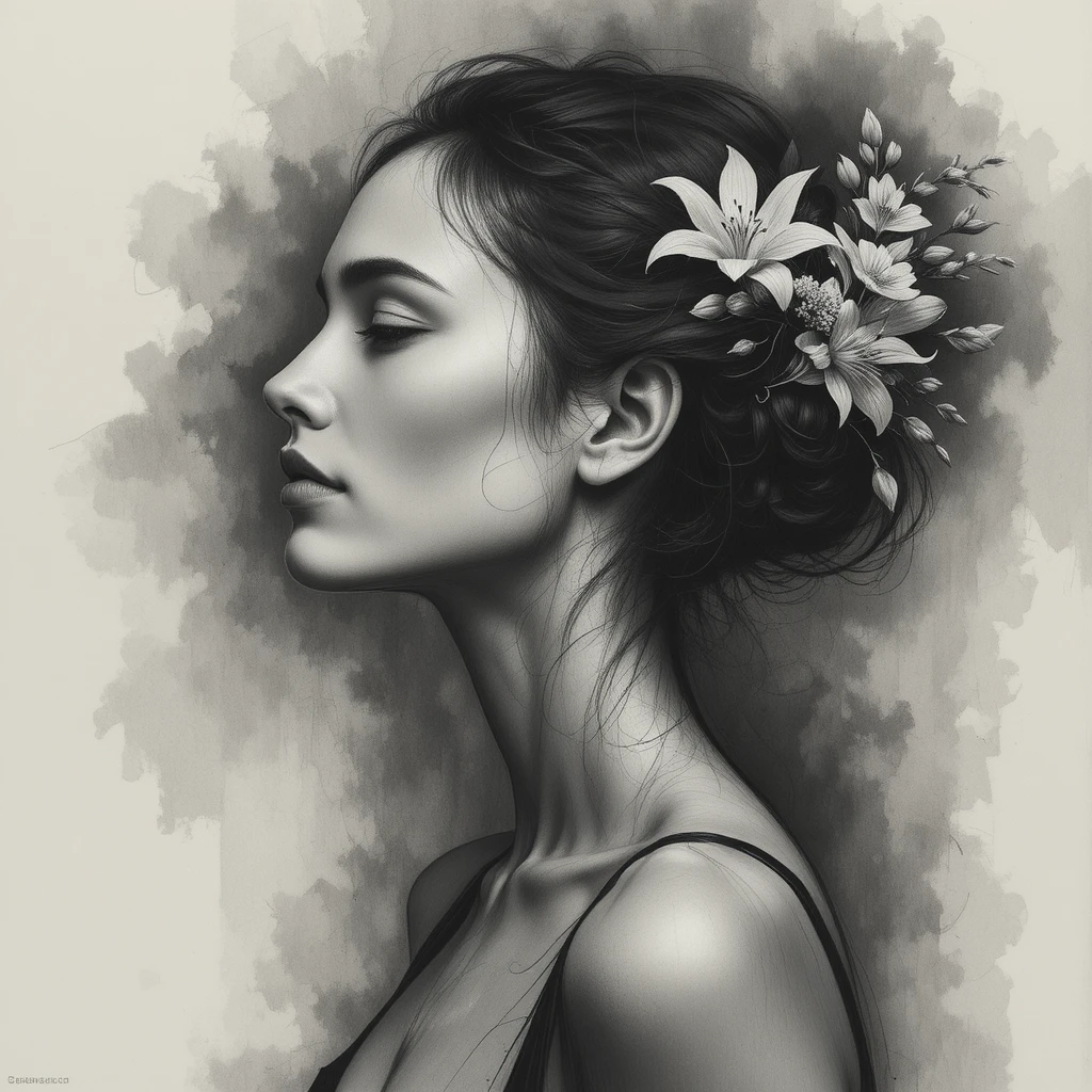 Um retrato a carvão capta uma bailarina de perfil sereno