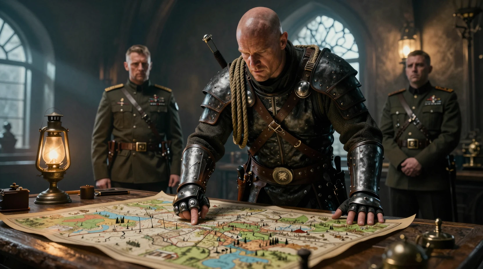 Um guerreiro careca planeja uma estratégia medieval em uma sala de guerra iluminada por lanternas
