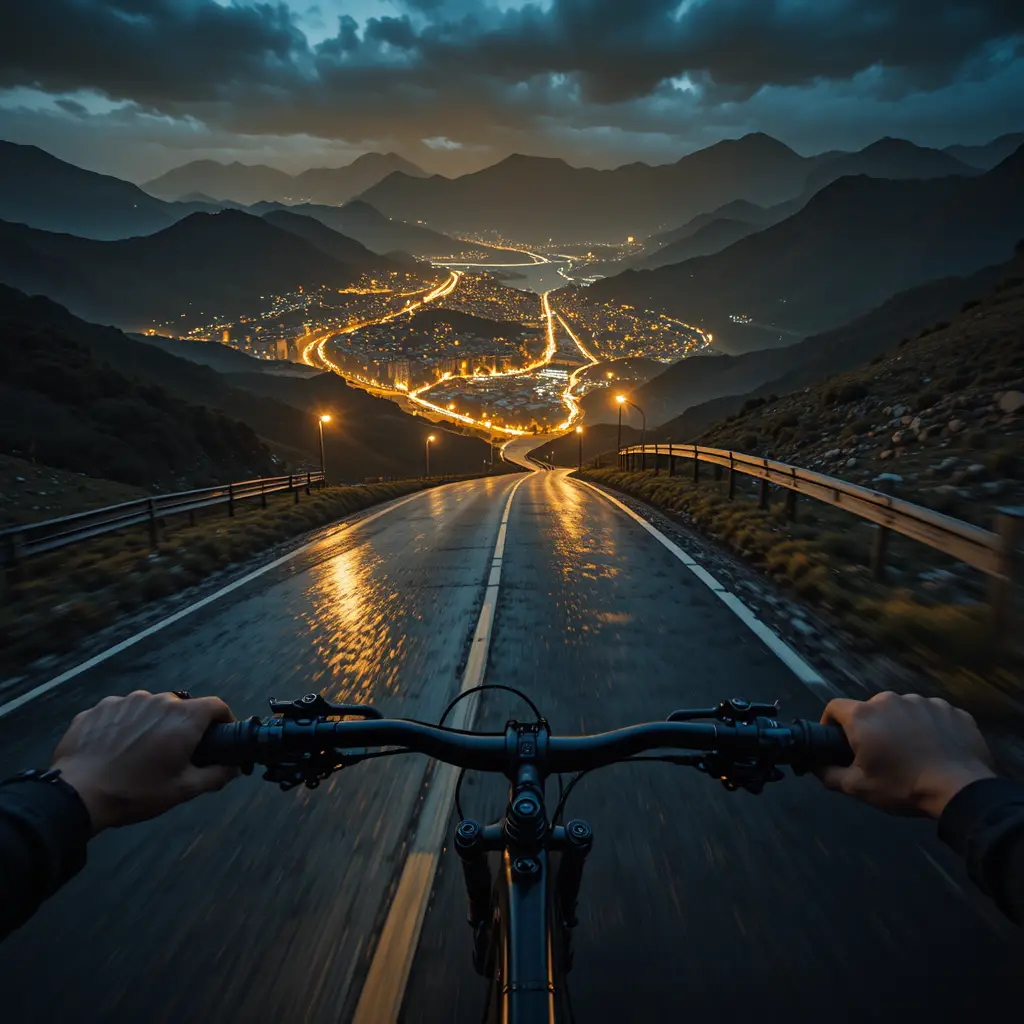 夜晚沿著濕滑山路下坡的登山自行車第一人稱視角