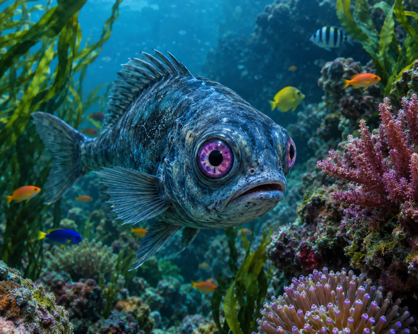 Ein unheimlicher Fisch mit violetten Augen schwimmt unter Wasser zwischen Korallen