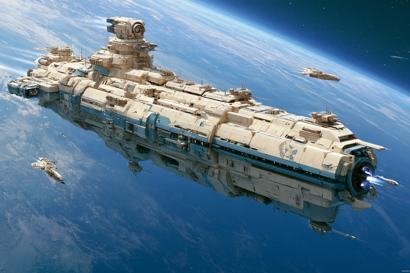 Ein modulares Raumschiff passiert mit kleineren Begleitschiffen einen blauen Planeten
