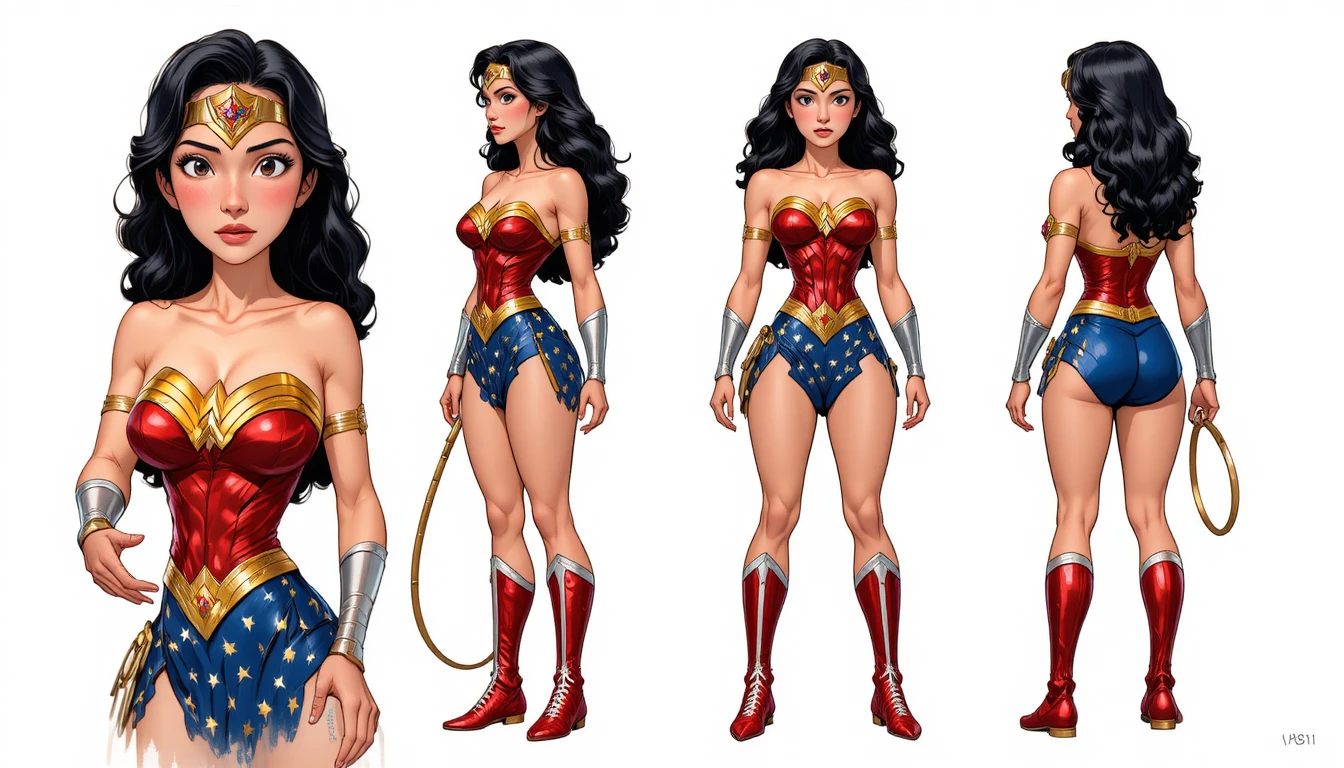 Wonder Woman character sheet presents her iconic costume from multiple angles
