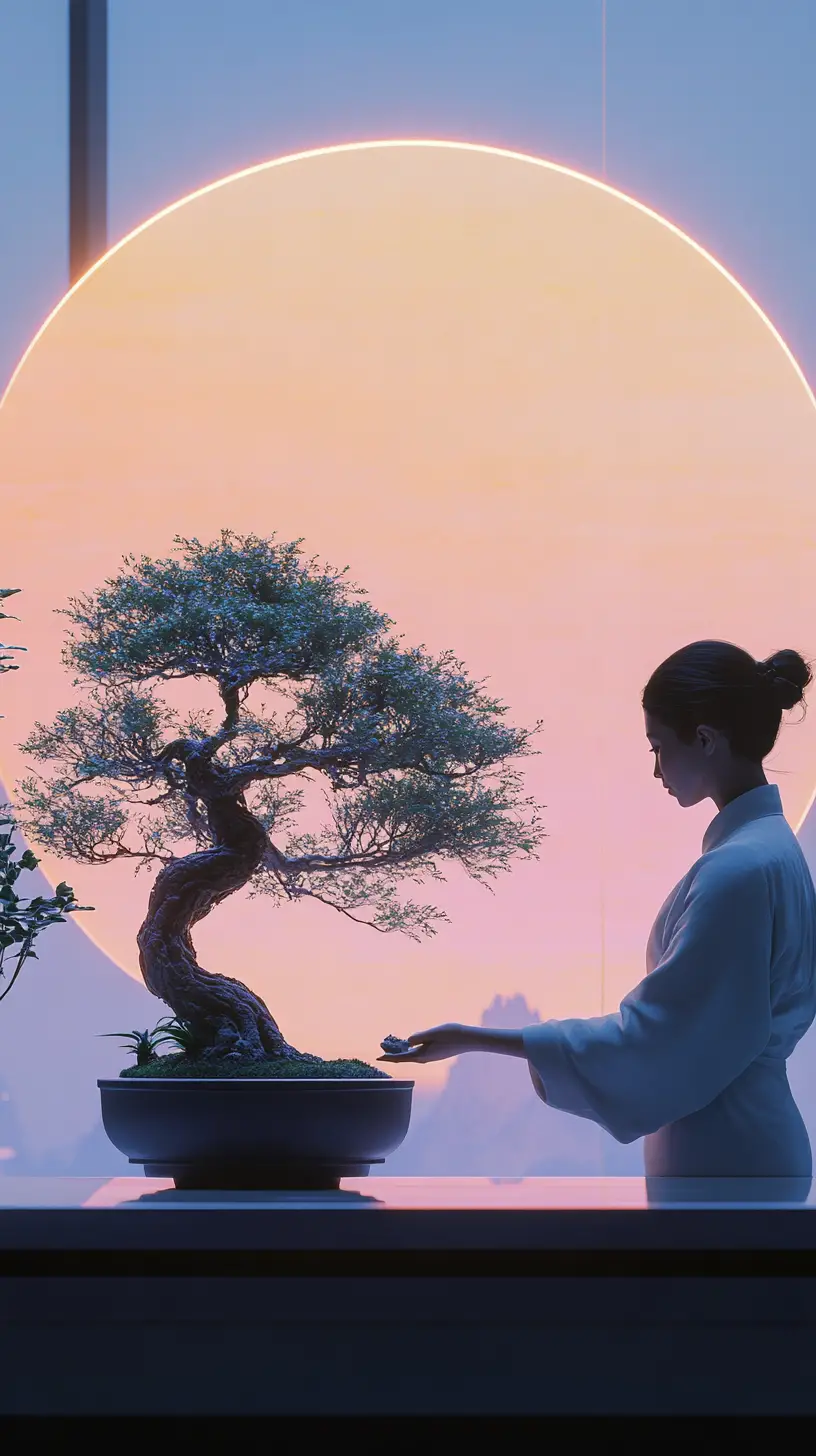 女子在未來感花園中照料發光盆栽