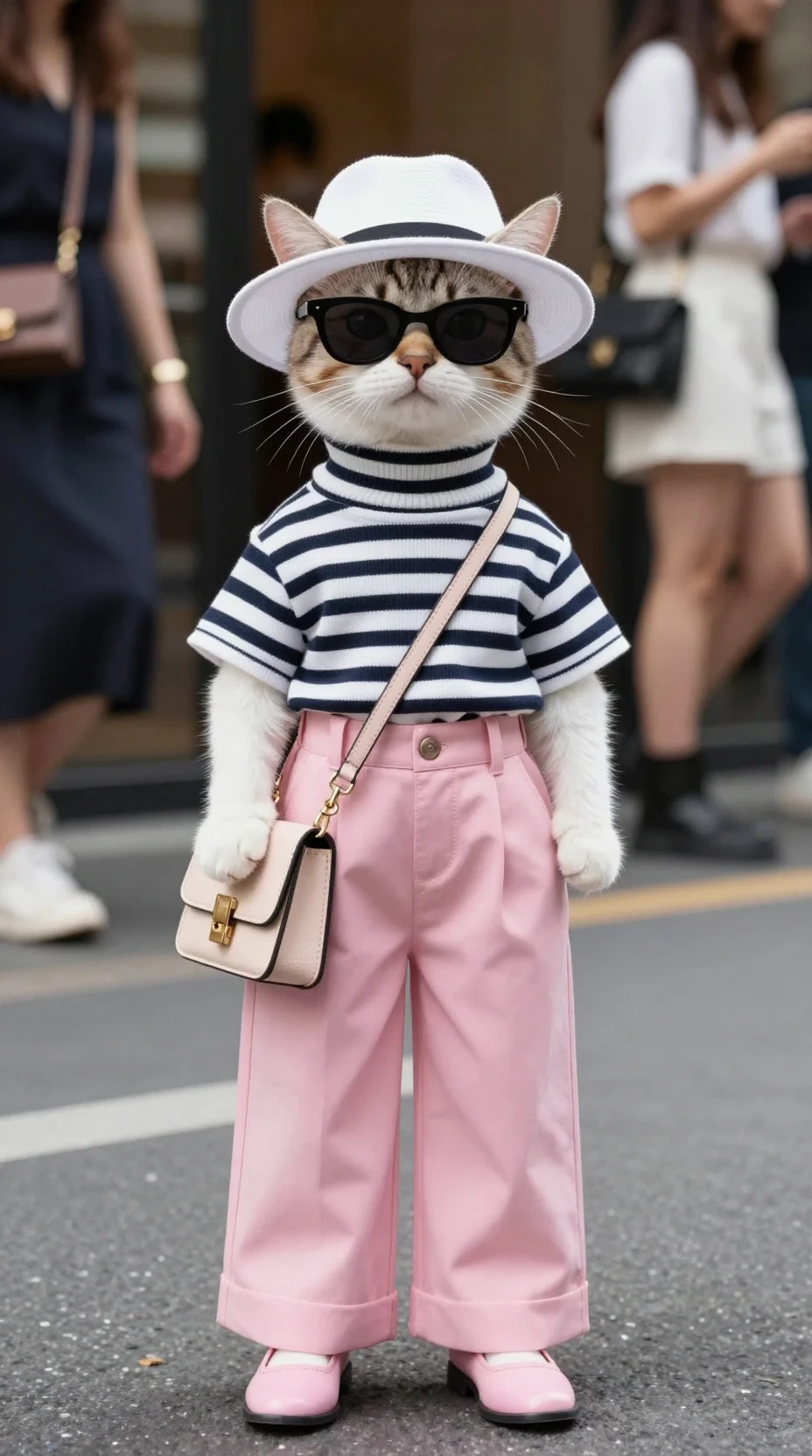 Un adorable chat se tient dans la rue avec une tenue tendance