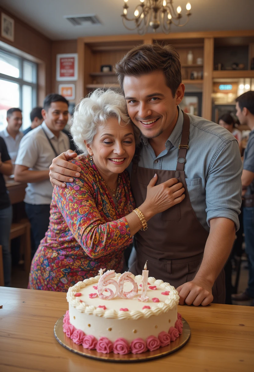 Uma mãe e seu filho adolescente comemoram os 60 anos dela no trabalho