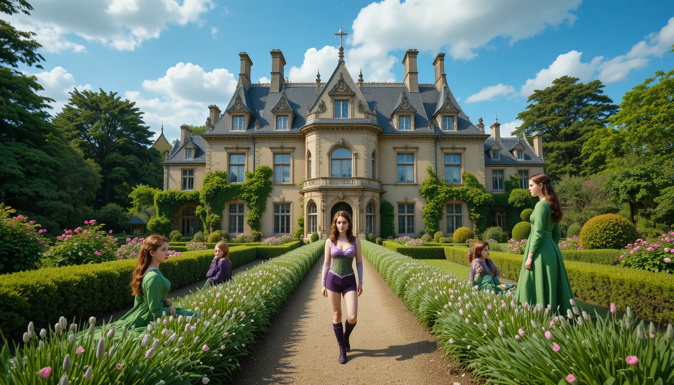 Four adult women pose before a grand manor in a flower filled garden