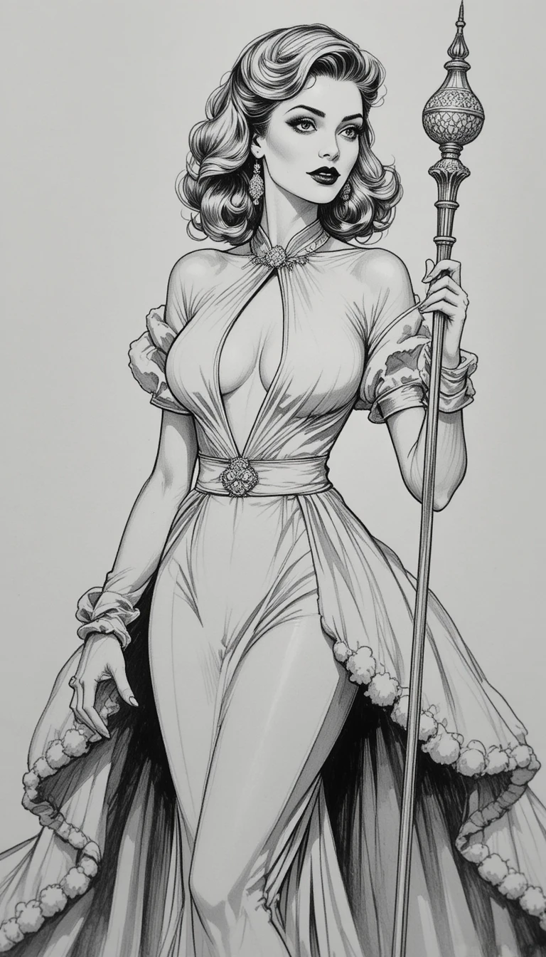 Uma mulher glamorosa com um vestido sereia justo segura um cetro esguio