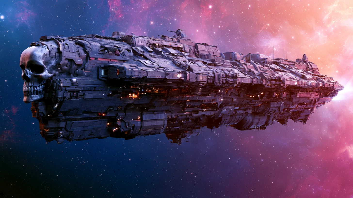 Ein Mecha-Schlachtkreuzer mit einem Metallschädel durchquert das Universum