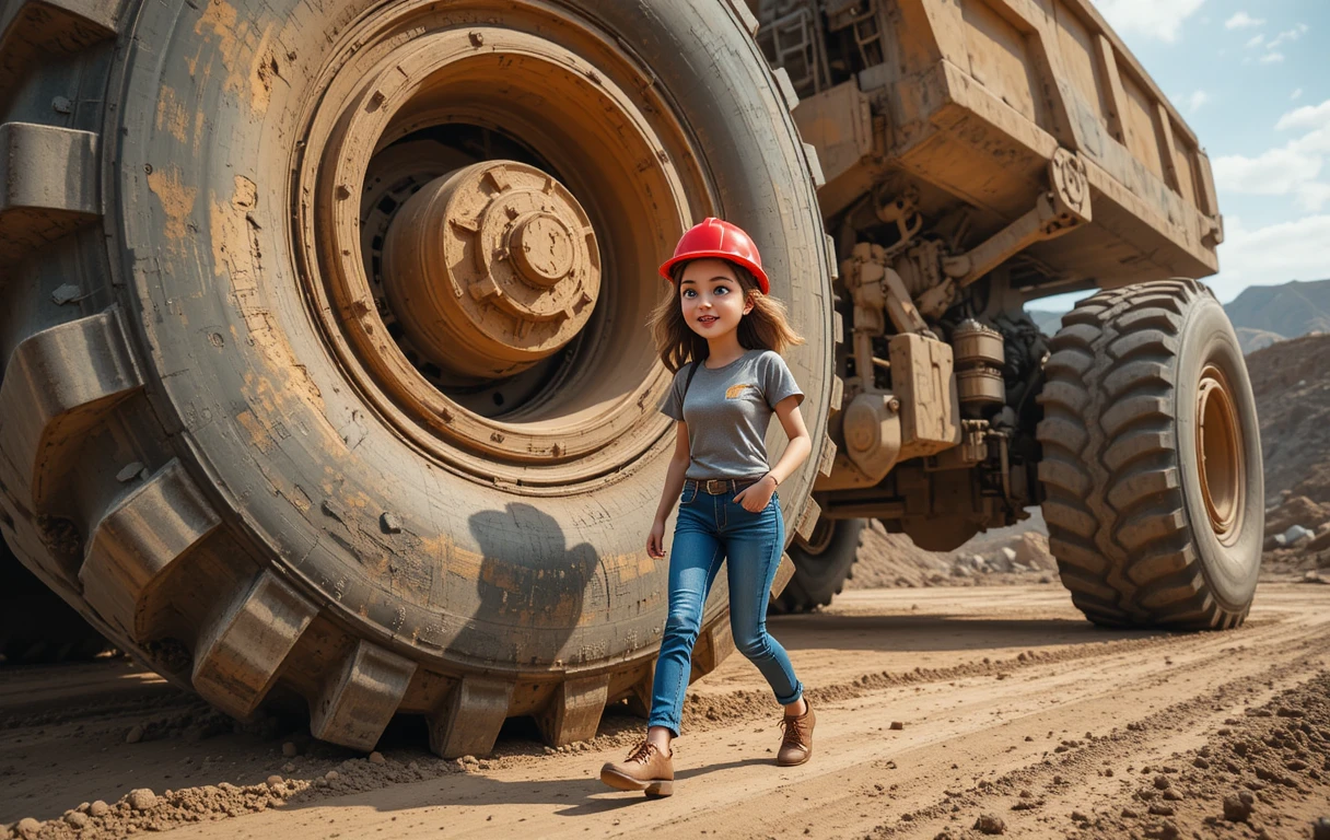 Uma jovem caminha ao lado do enorme pneu de um caminhão de mineração