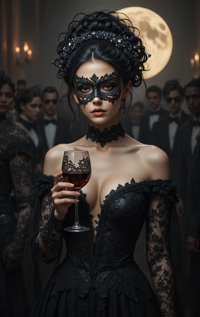 Eine maskierte Frau hält roten Wein unter einem blassen Vollmond