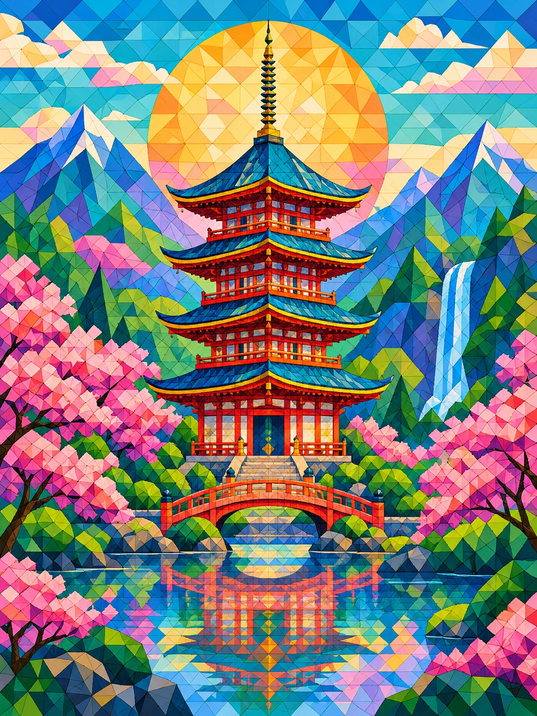 Um pagode colorido é o destaque de uma paisagem serena feita de pequenos triângulos