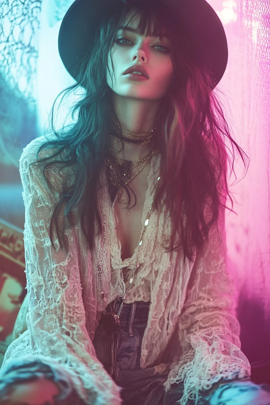 A grunge fashion model in a saturated pastel outfit