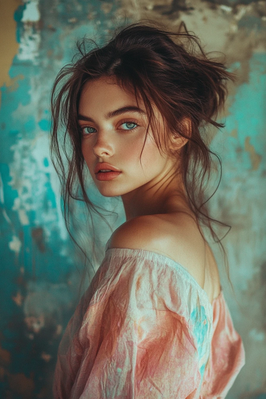 Una modella con un outfit grunge dai vivaci colori pastello
