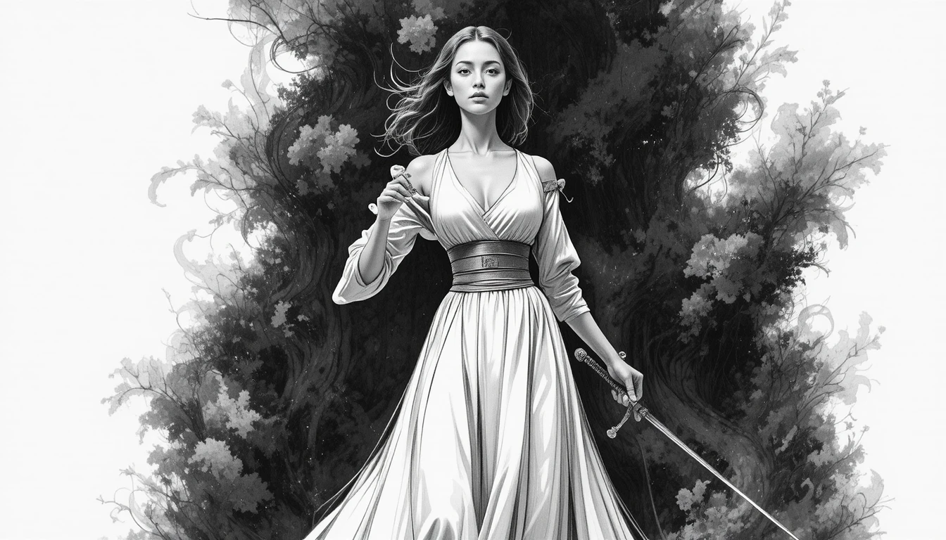 Uma mulher determinada segura uma espada usando um elegante vestido comprido