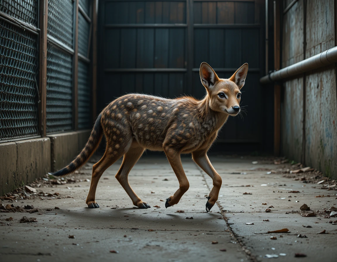 Um felino selvagem malhado dá um passo cauteloso dentro do seu recinto