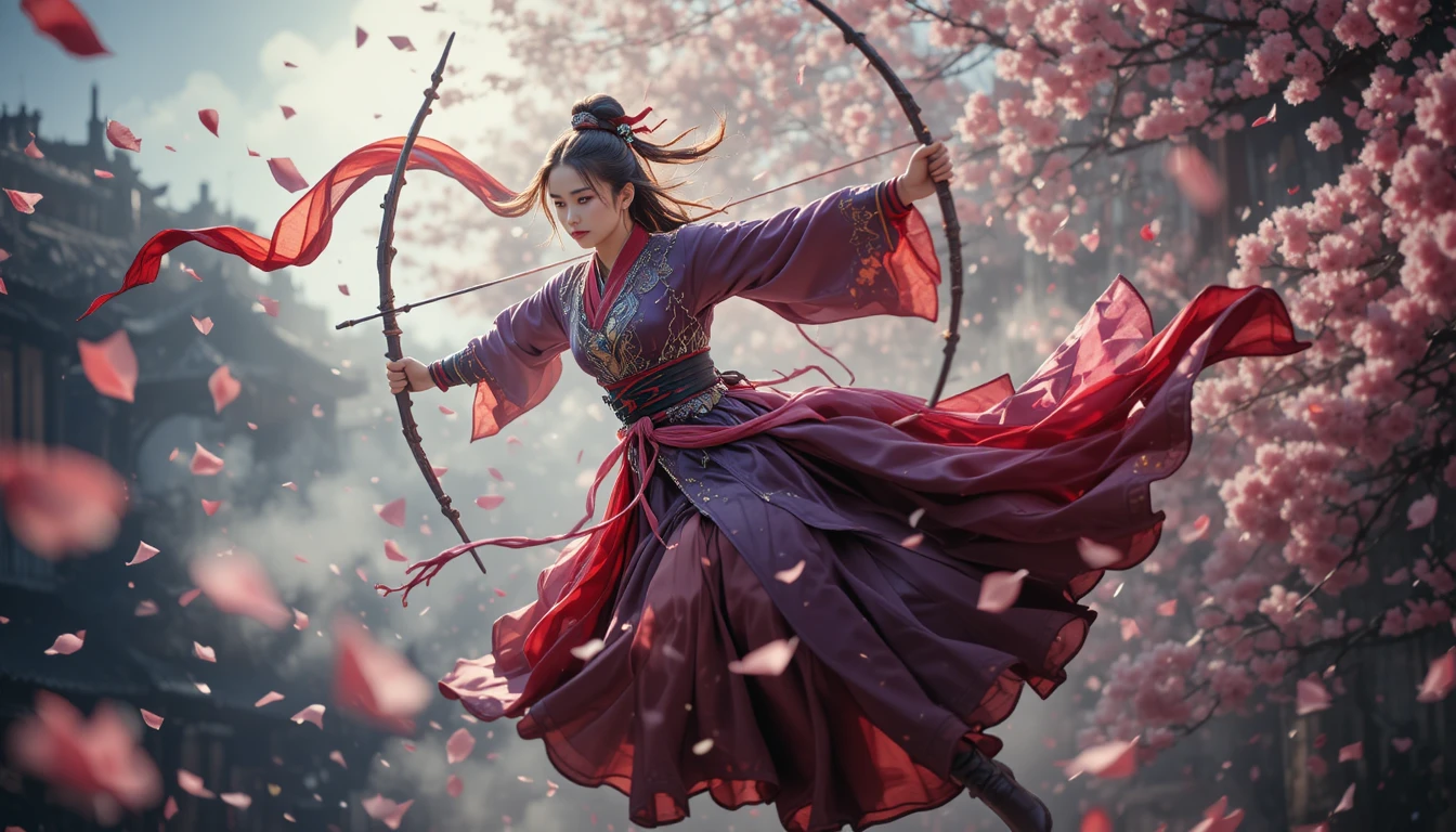 A Warrior Woman Draws Her Bow Amid Flying Red Silk Ribbons