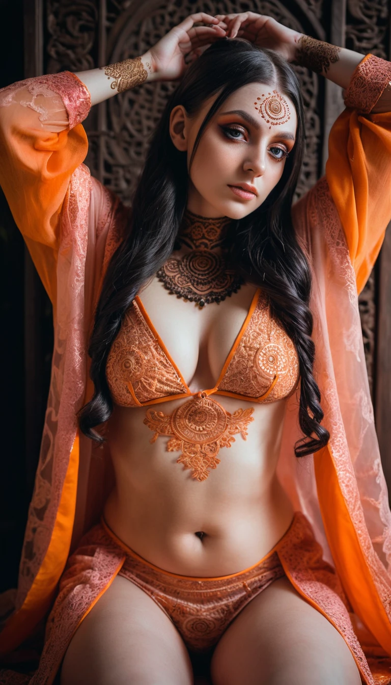 Femme gothique allongée sur un ancien autel avec du henné mandala