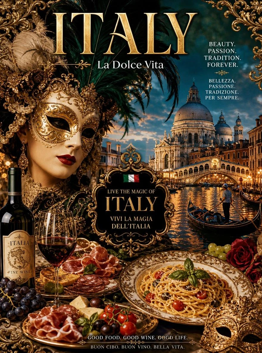 A Baroque Italian Poster Celebrating Venetian Masquerade Balls and Cuisine