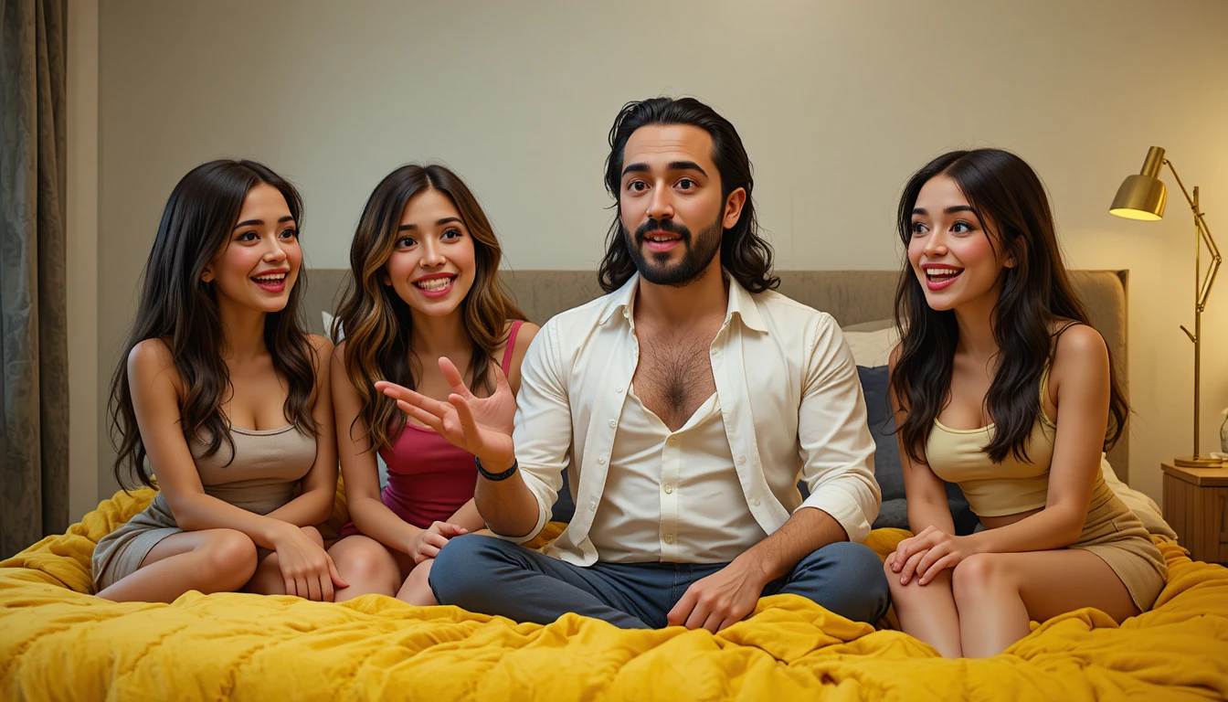 Five people sit on a bed beneath a golden wall lamp
