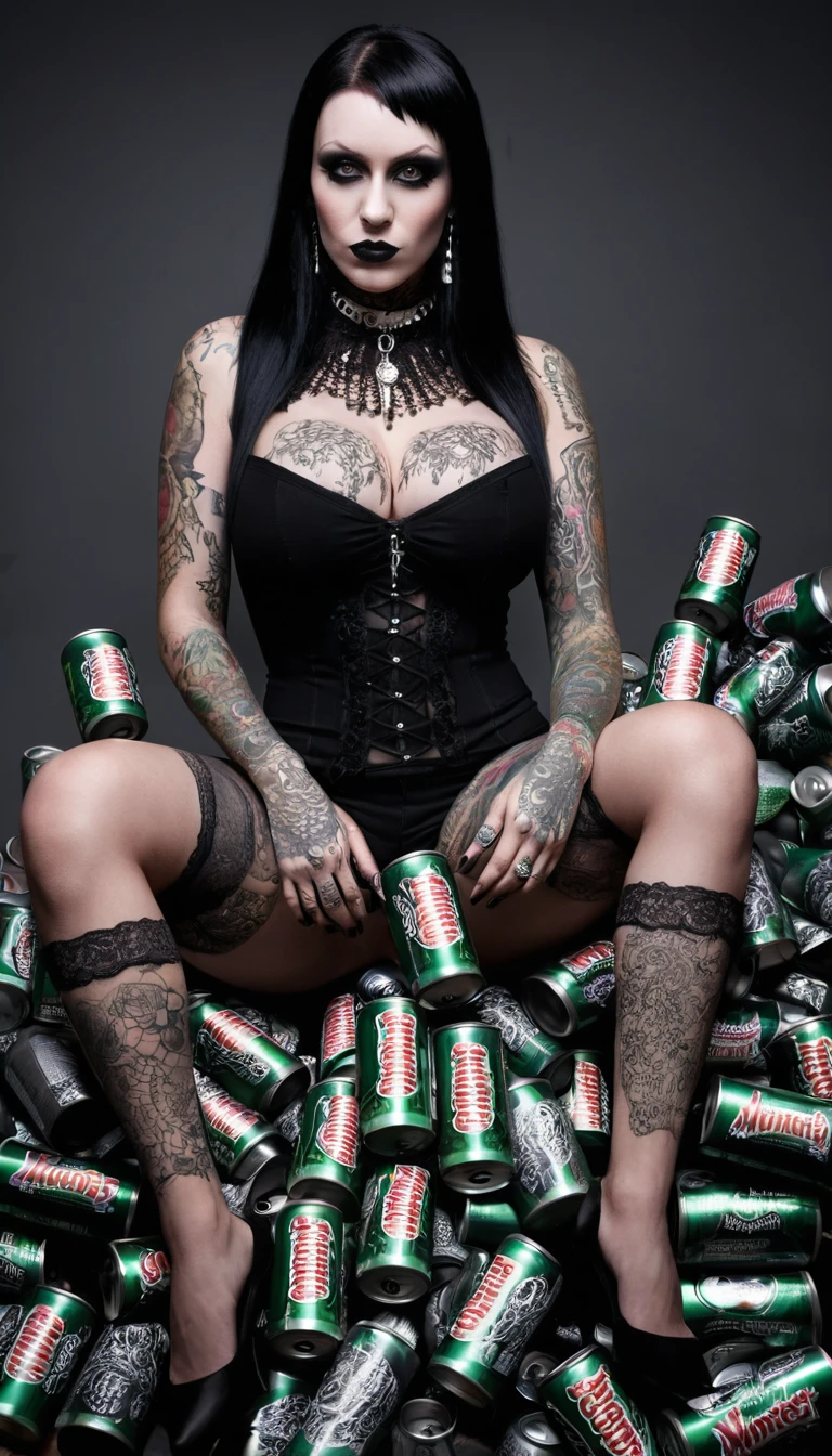 Mulher gótica tatuada sentada sobre uma pilha de latas brancas de energético