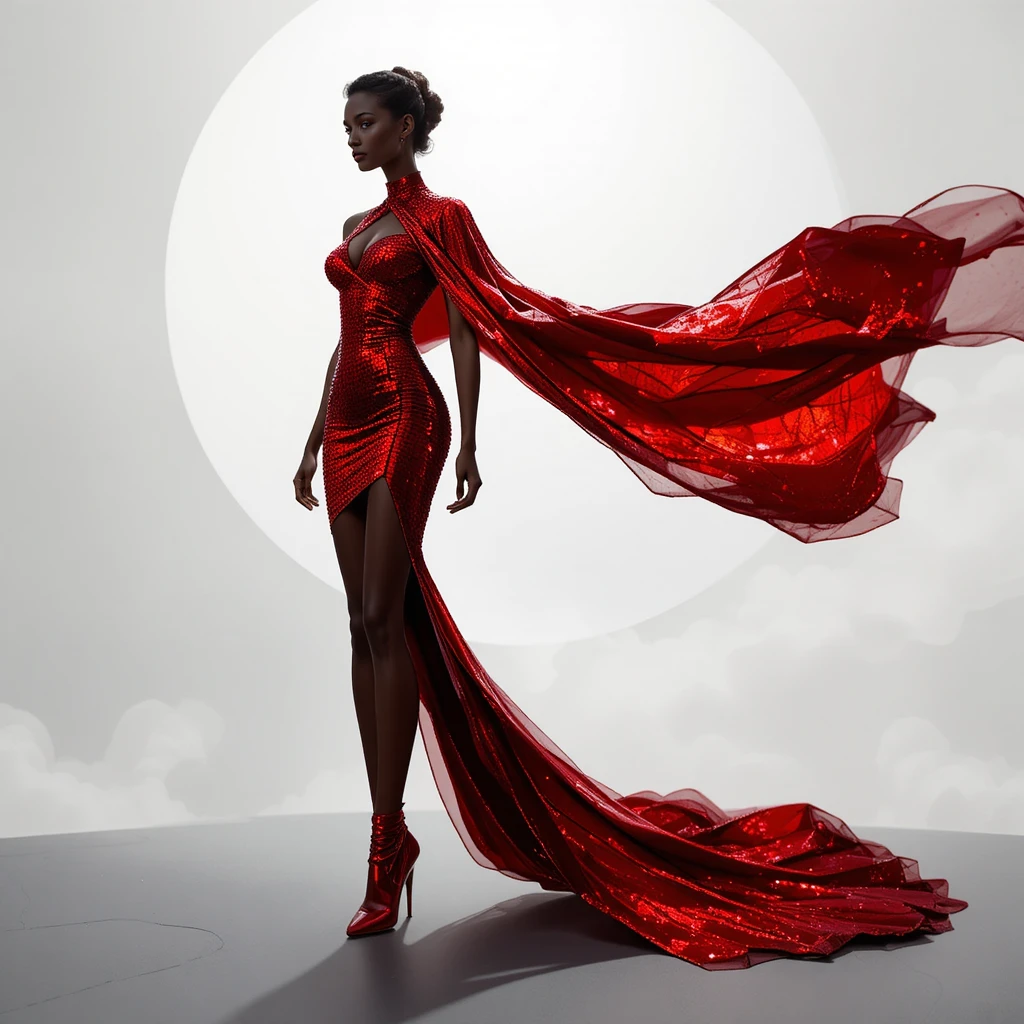 A confident woman in a flowing red cape and sequin dress