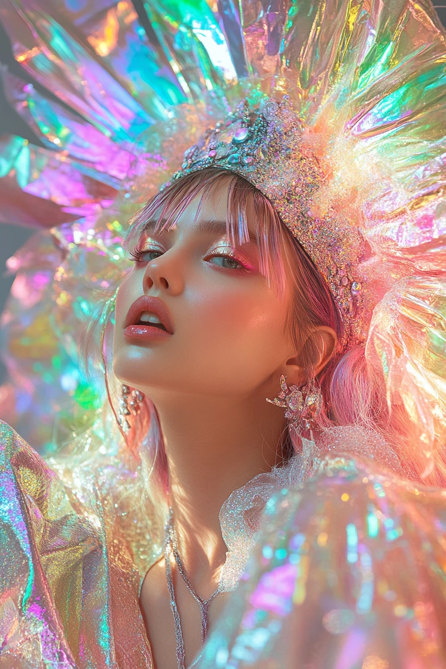 Fashion Model Portrait In Saturated Pastel Metallic Tones