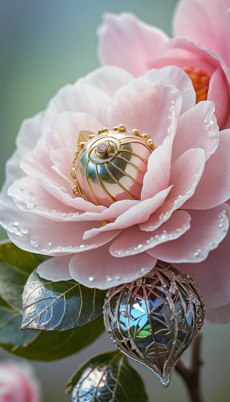A spring landscape reflected across the petals of an open camellia bud