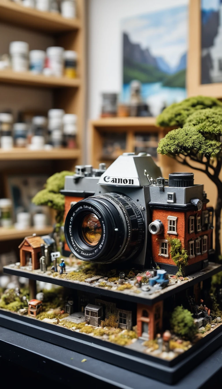 Un artista diminuto pinta película fotográfica dentro de una cámara gigante