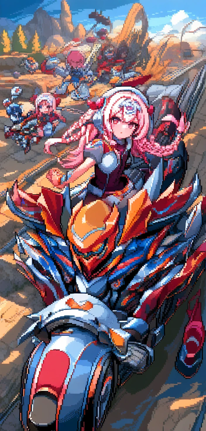 Una ragazza in pixel art guida una grande moto high-tech
