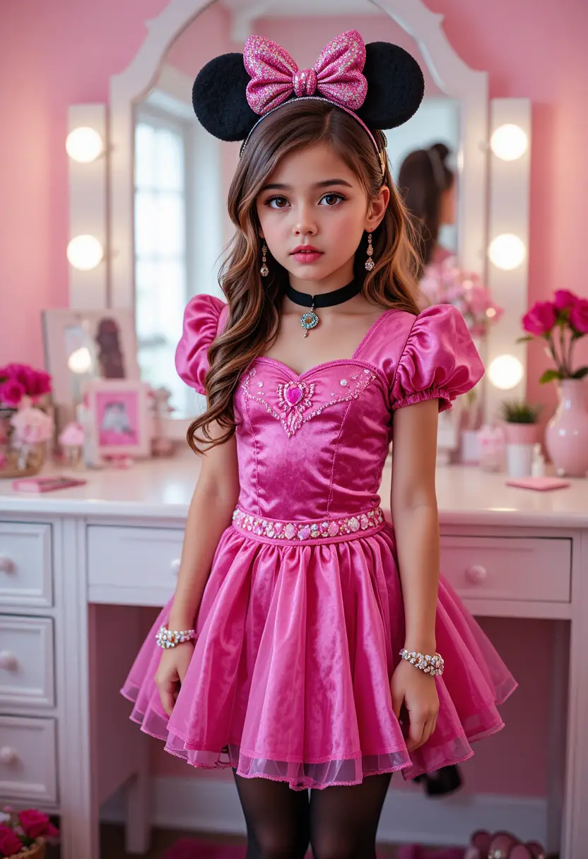 A tween boy pouts in a Minnie Mouse princess costume before a vanity