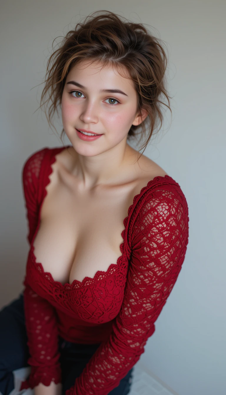 Uma jovem com um top de renda vermelho diante de um fundo branco