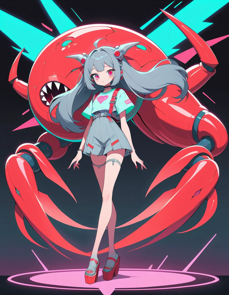 Um monstro vermelho com formato de máquina e pernas longas e finas em estilo kawaii