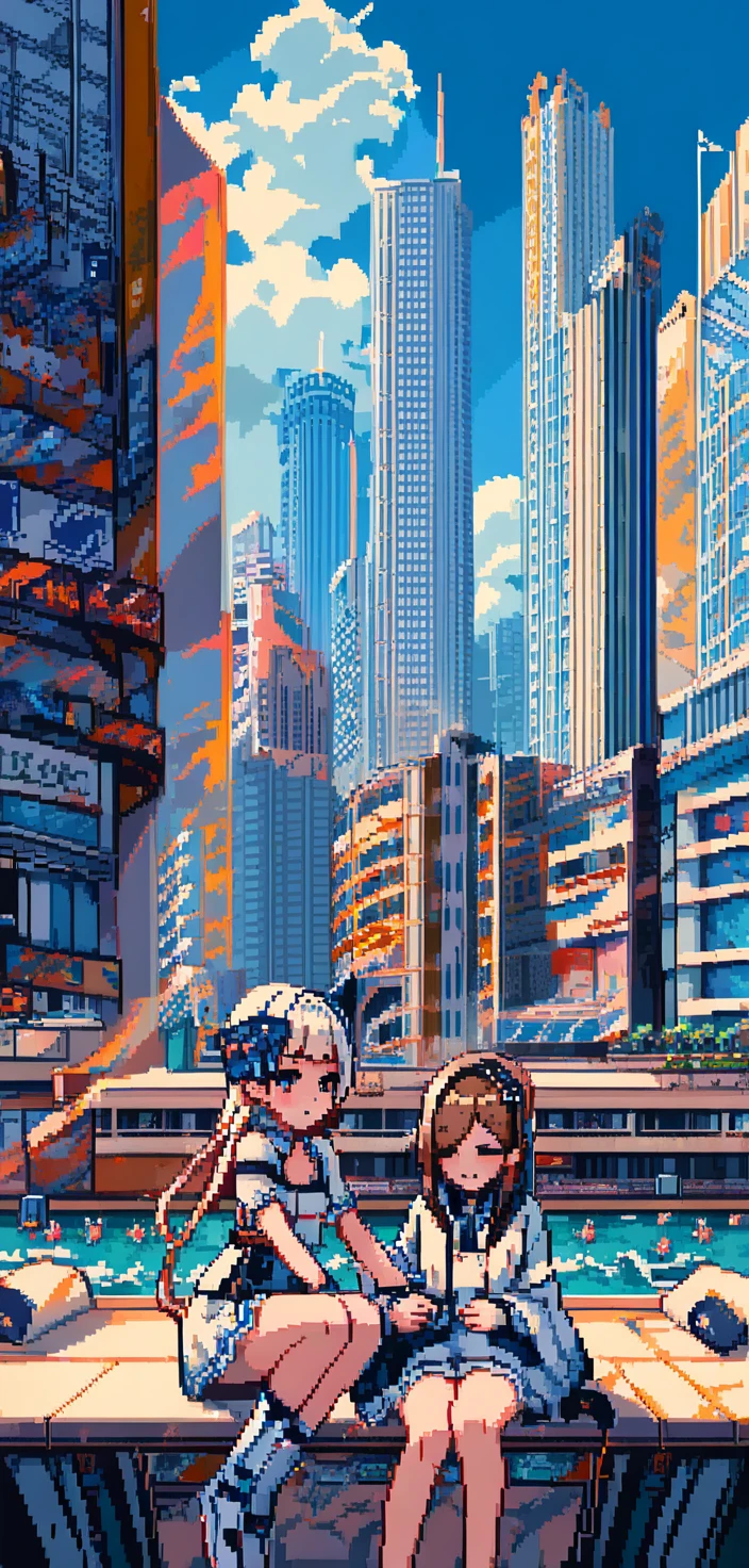 Uma garota em pixel art ao lado de uma pintura moderna em um museu