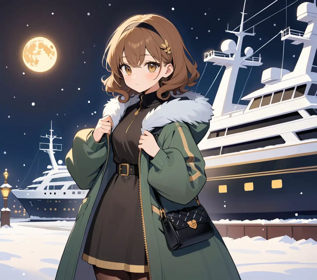 Ein Mädchen mit Locken in einem verschneiten Hafen unter einem goldenen Mond