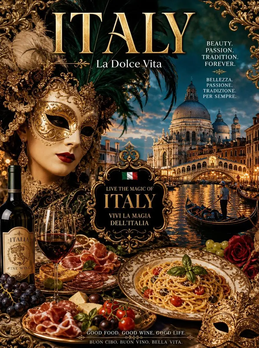 Ein barockes italienisches Poster zu Ehren venezianischer Maskenbälle und der Küche