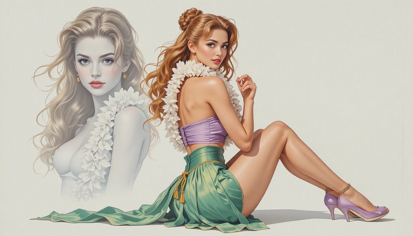 Uma pin-up divertida sentada com uma saia de capim esmeralda esvoaçante
