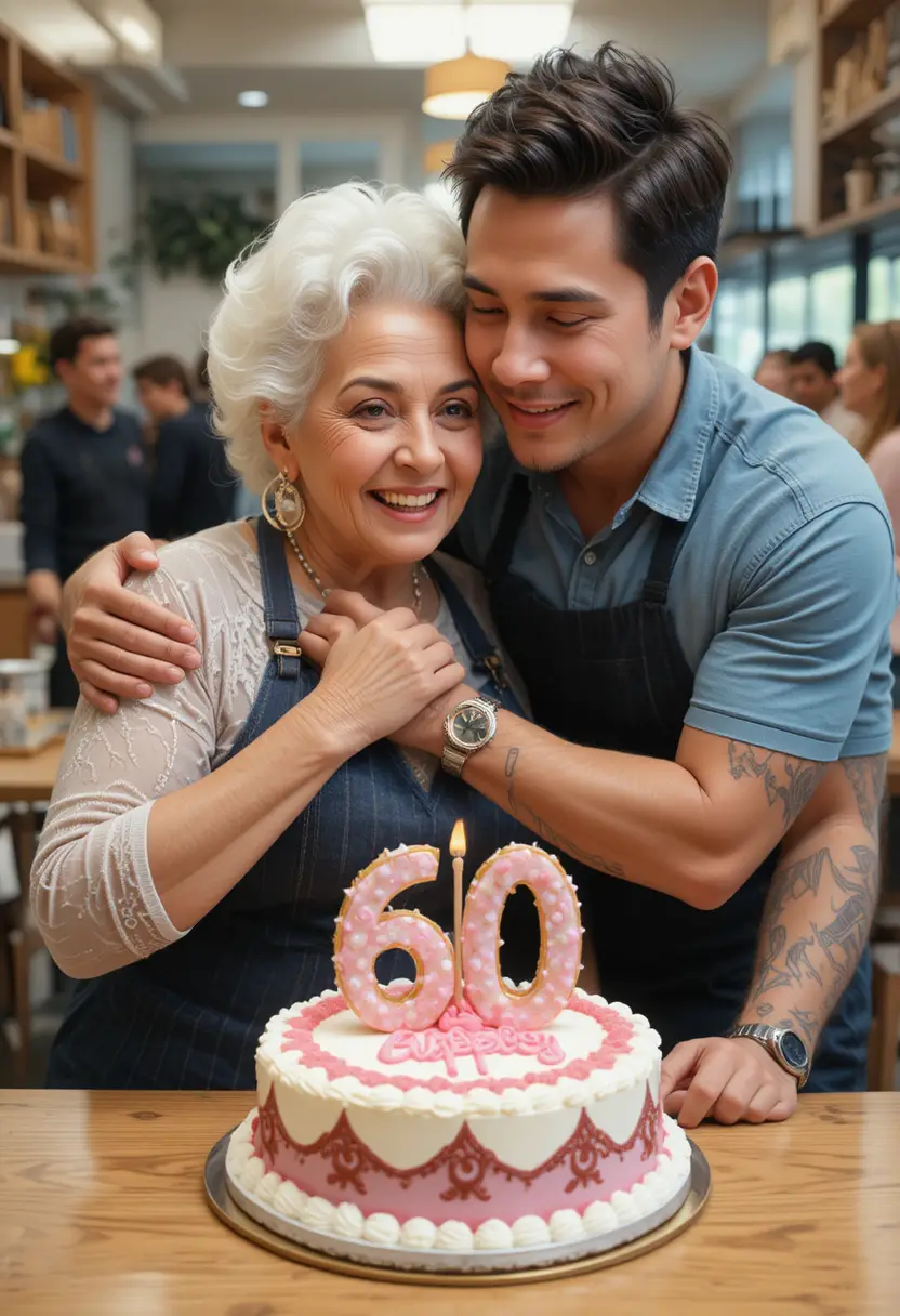 60歳の誕生日を祝う母を抱きしめる息子