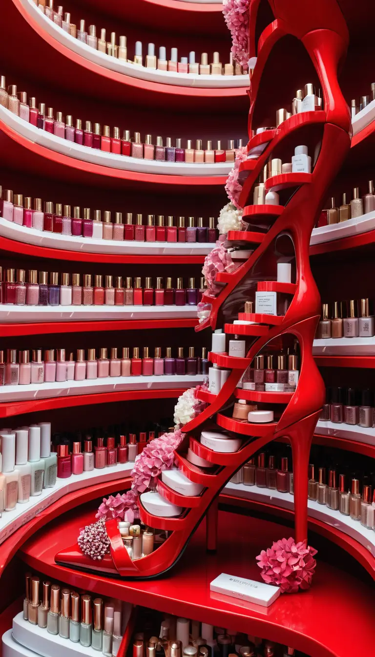 Ein Miniatur-Kosmetikgeschäft entfaltet sich in einem riesigen roten Stiletto