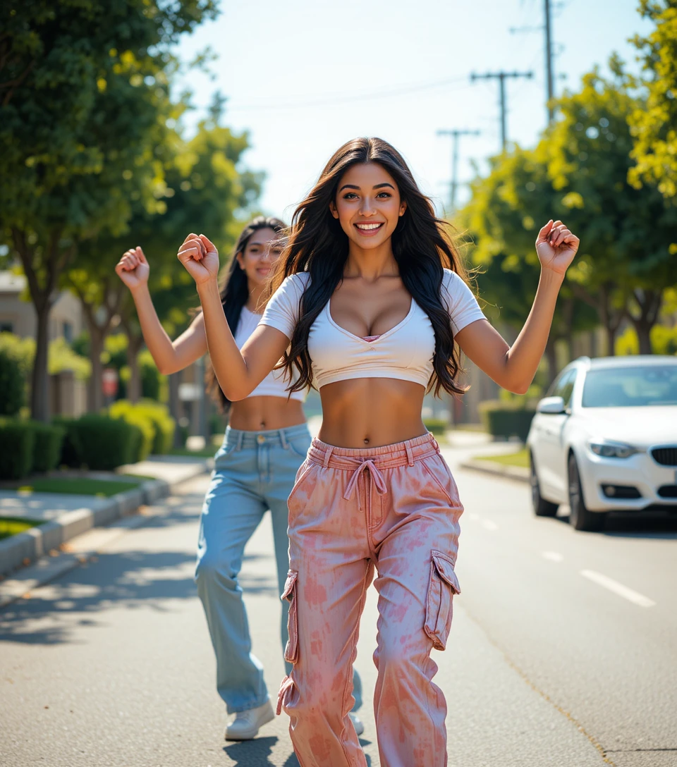 Dois dançarinos de rua dançam juntos por uma estrada suburbana ensolarada