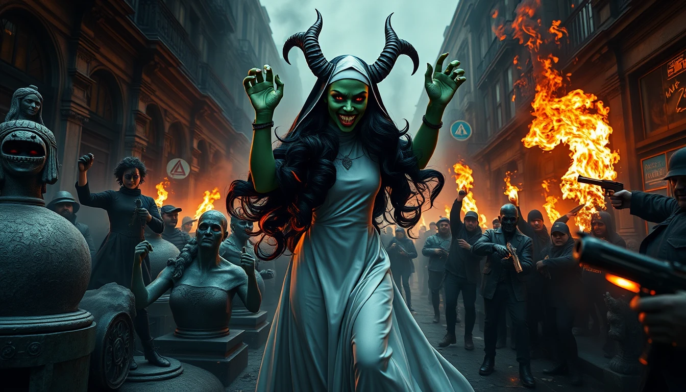 A Nun Clad Gorgon Dances Among Stone Statues In A Dark Dungeon