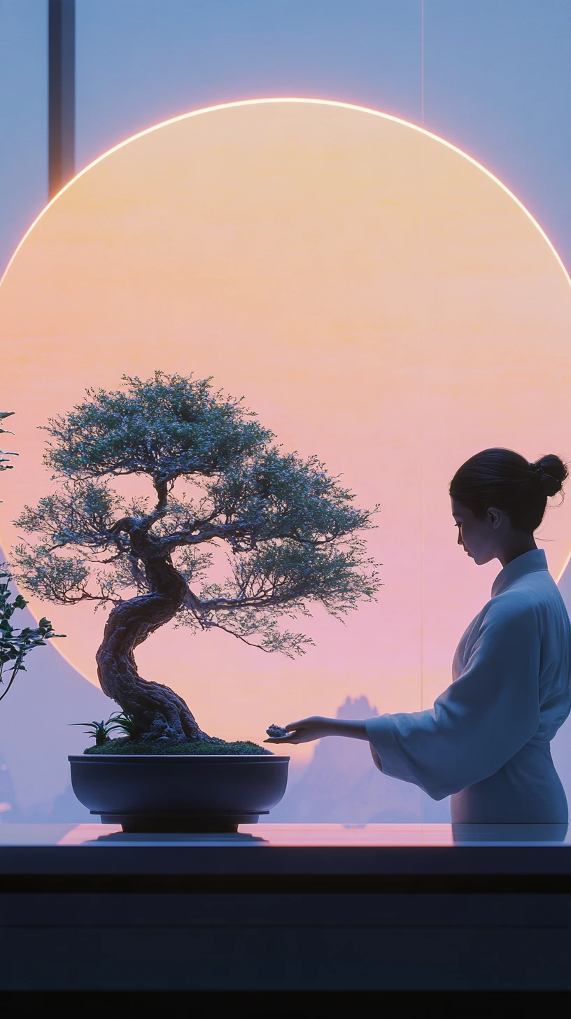 Uma mulher cuida de um bonsai luminoso em um jardim futurista