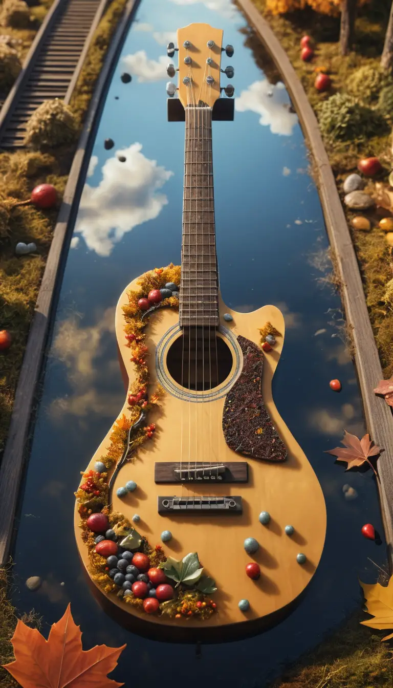 Eine riesige Gitarre birgt eine winzige Herbststadt mit Teich und Bäumen