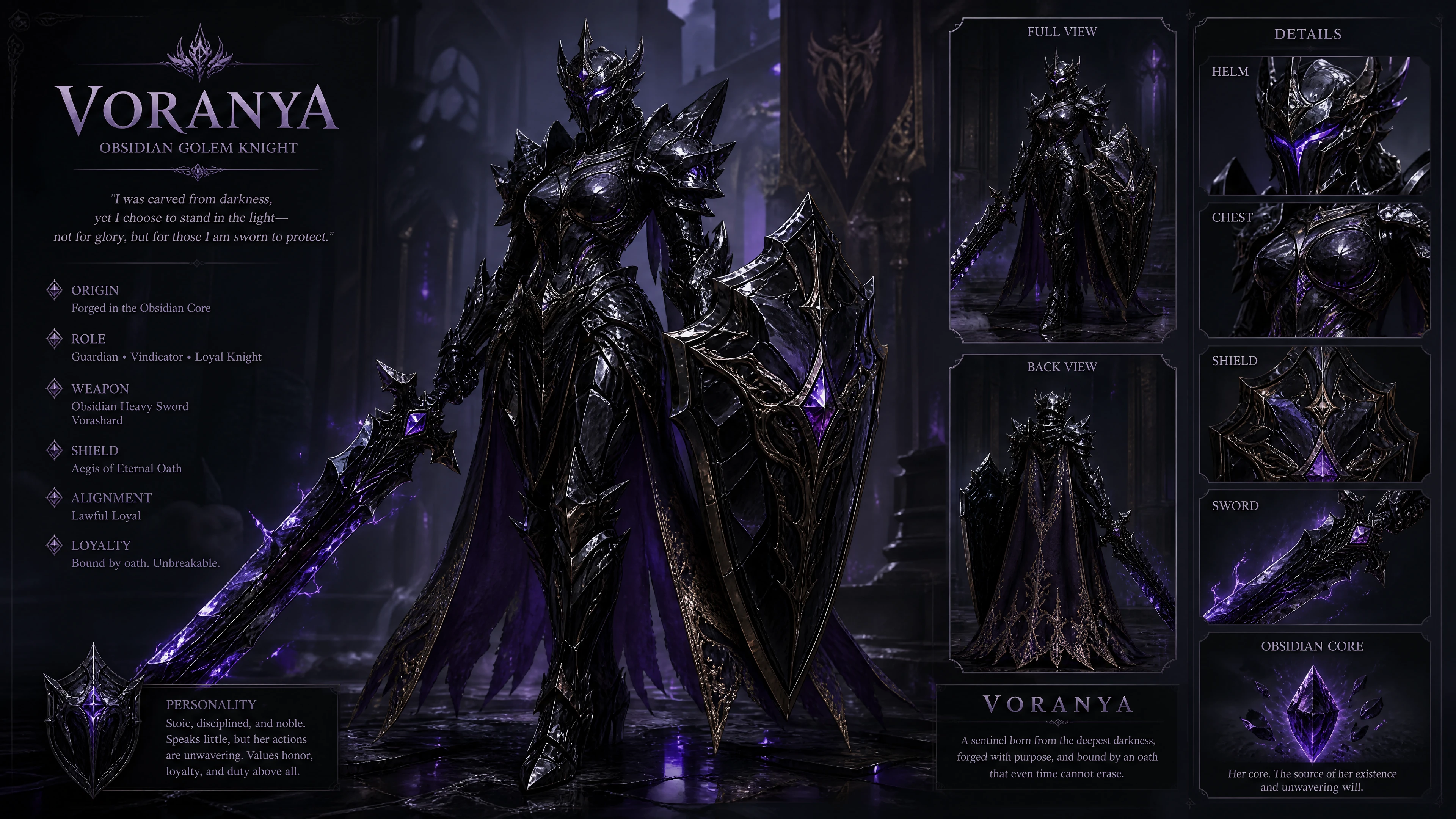 Cavaleira golem de obsidiana com espada pesada e escudo