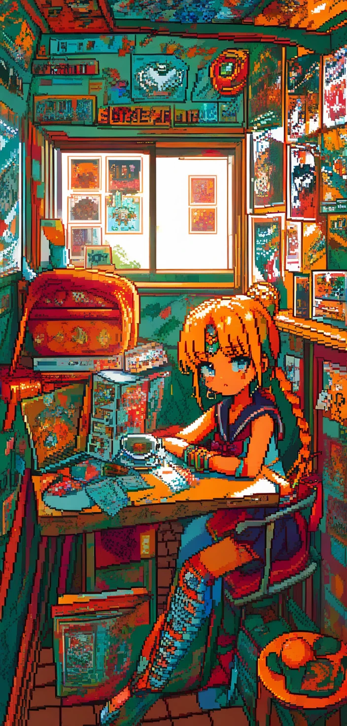 Ein Anime-Mädchen in Pixel-Art sitzt in einem Café neben einem Textplakat