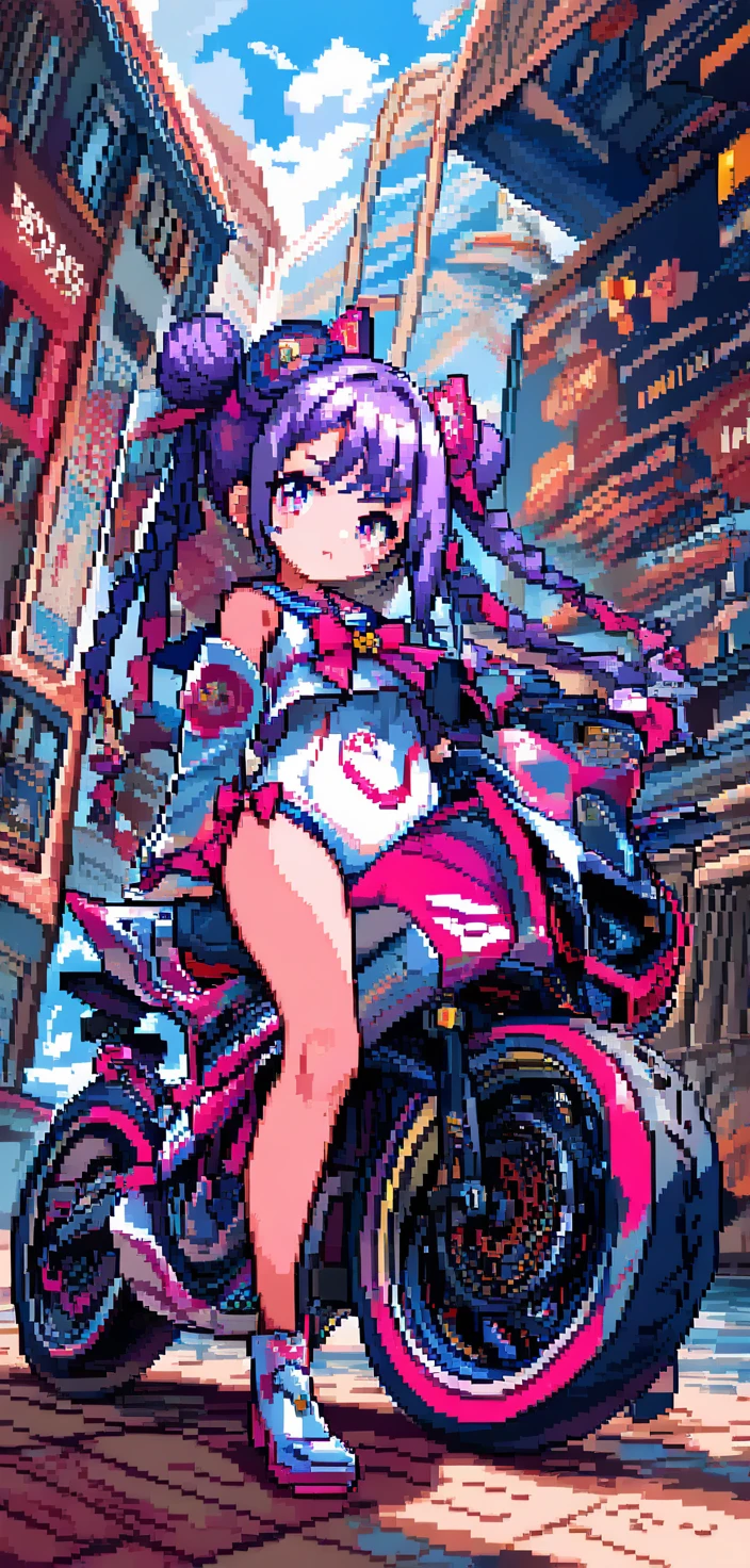 Ein Mädchen im Pixel-Art-Stil fährt ein riesiges futuristisches Motorrad