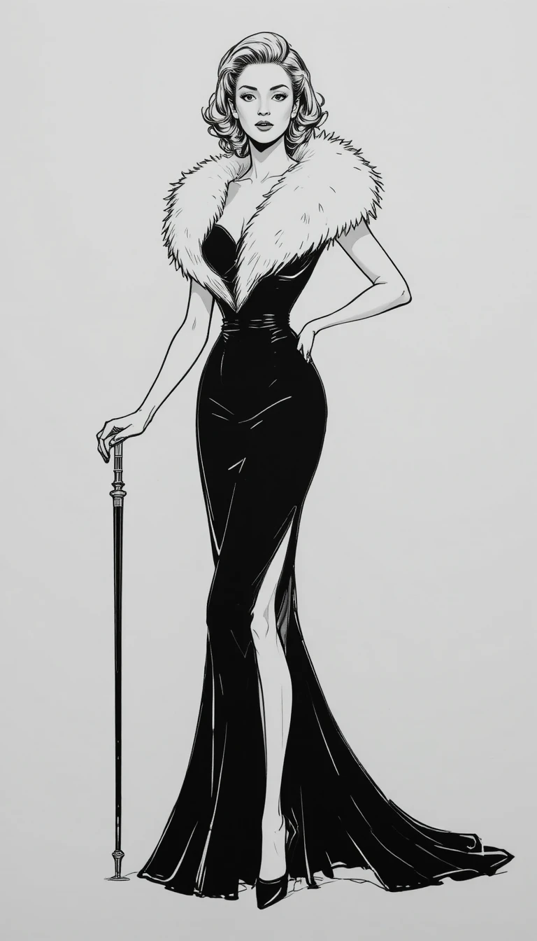 Uma mulher glamorosa posa com uma bengala e um vestido com acabamento de pele