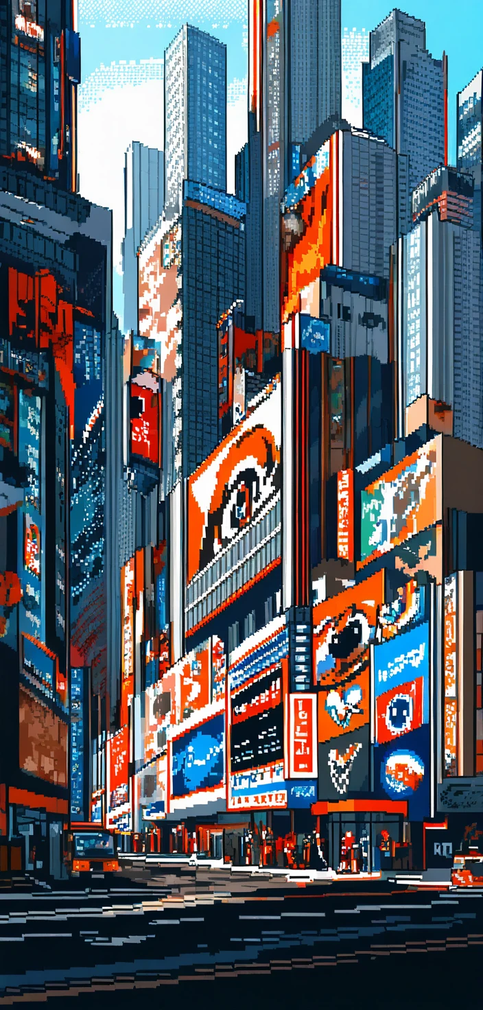 Uma garota em pixel art ao lado de uma pintura moderna em um museu